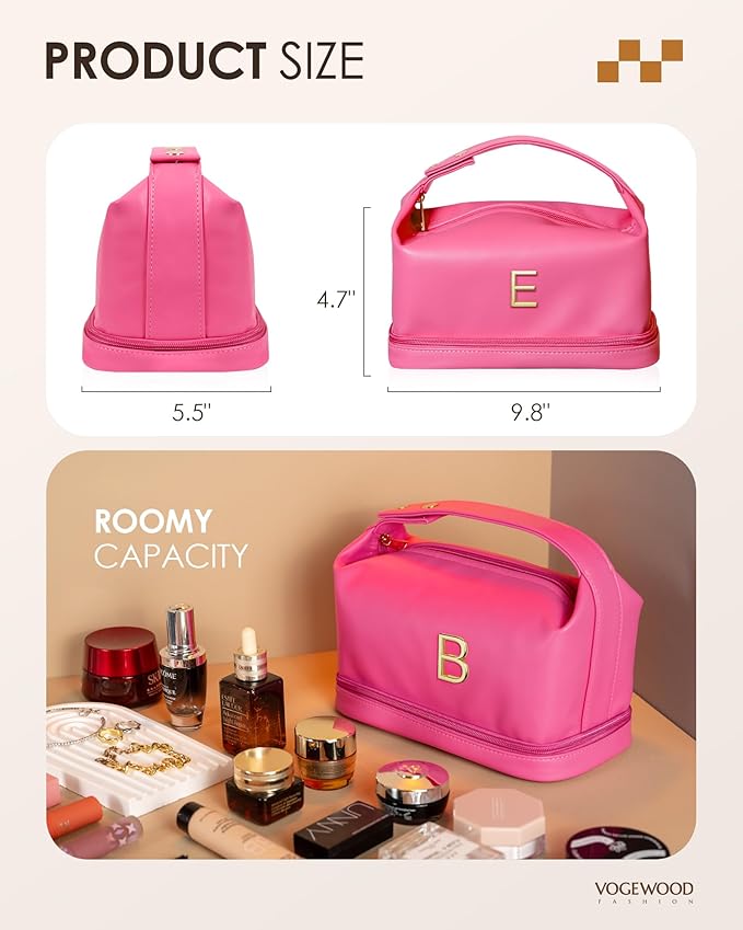 Personalized Gifts for Female, Makeup Bag with Handle, Initial Double Layer Cosmetic Bag with Makeup Brush Organizer, Cute Cosmetic Pouch for Women, Gifts for Friends Female Granddaughter