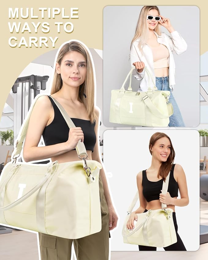 Initial Travel Duffel Bag Sports Gym Bag for Kids Teen Birthday Gifts,Beige Personalized Weekender Bag Carry On Dance Bags for Women Men,Waterproof Monogram Overnight Bag with Trolley Sleeve(Letter I)