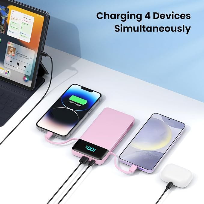 Portable Charger for iPhone with Built in Cables and Wall Plug,Upgraded 13800mAh Fast Charging USB C Power Bank,4 Outputs Travel Essential Battery Pack Compatible with iPhone 15/14/13/12,Samsung-Pink