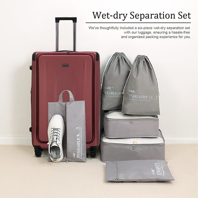 Carry On Luggage, 20 Inch Top Opening Aluminum Frame Lightweight Airline Approved ABS+PC Hard Shell Suitcases with Silent Wheels, TSA Lock, Front Pocket & Wet-dry Separated Six-piece Set