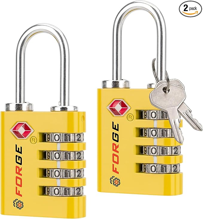 Forge Dual-Opening: Key or Combination Access Lock, TSA Approved Locks for Luggage, Pelican case, Travel, Gym, School, Stainless Steel Shackle.(Yellow 2 Locks)
