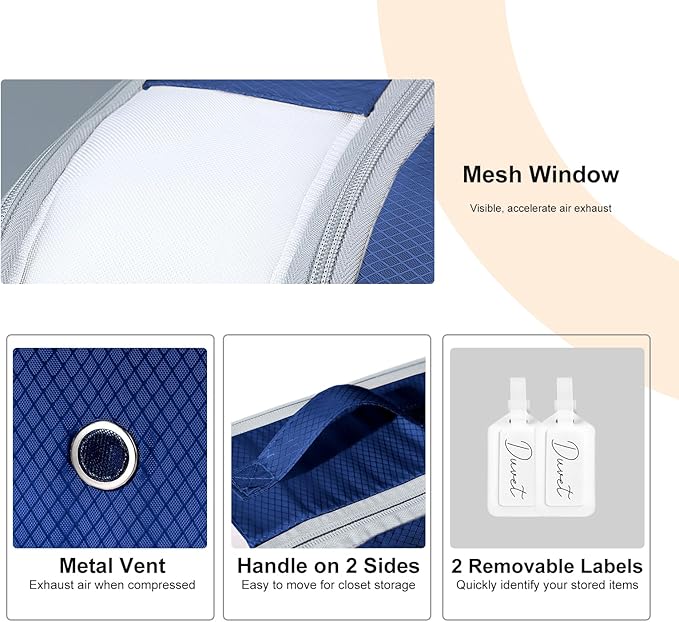 Comforter Storage Bag - Large Capacity Bedding Storage Bags Ultra Space Saving Self Compression Organizer, Washable Compression Bags for Storage Comforter Blanket Duvet, 2-Pack, Navy Blue