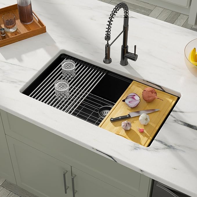 Dcolora 30 Inch Matte Black Kitchen Sink Workstation Granite Composite Undermount Single Bowl Kitchen Sink,DC-GU8769