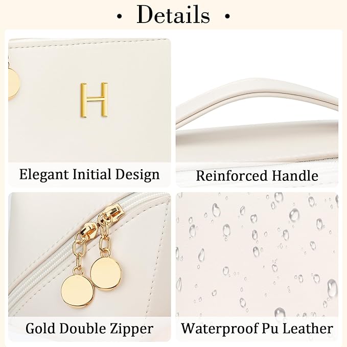 Birthday Gifts for Women Teen Girl, Personalized Initial Makeup Organizer Bag Set, Open Flat Travel Cosmetic Bag With Clear Divider and Handle(Beige,H)