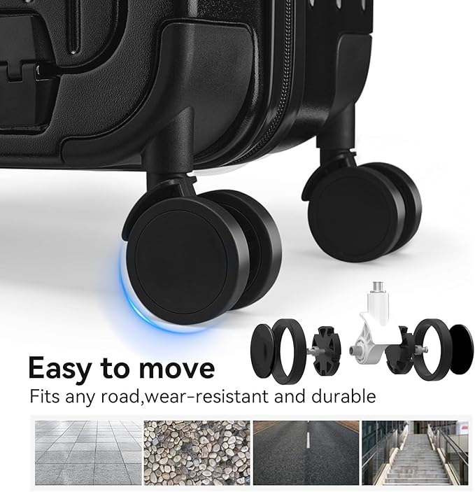 SOKOK Front Pocket Luggage Carry On with Spinner Wheels, Wide Handle Travel Suitcase PC Hardshell Durable Rolling Luggage for Business Trip with Charging Port and Cup Holder, Black
