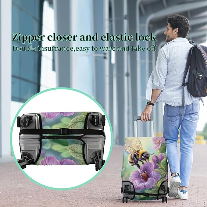 Luggage Cover + Tag, Bee Purple Flowers Travel Suitcase Cover for 29-30 inch Luggage (XL) with Concealed Zipper, Washable Elastic Cloth, Dustproof, Anti-Scratch