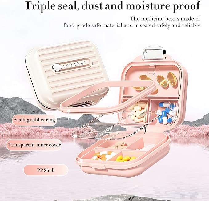 Travel Pill Organizer Box with Labels, 7 Compartments Portable Mini Pill Case, Daily Medication Organizer Storage Pill Container for Pocket Pharmacy(Pink, S)