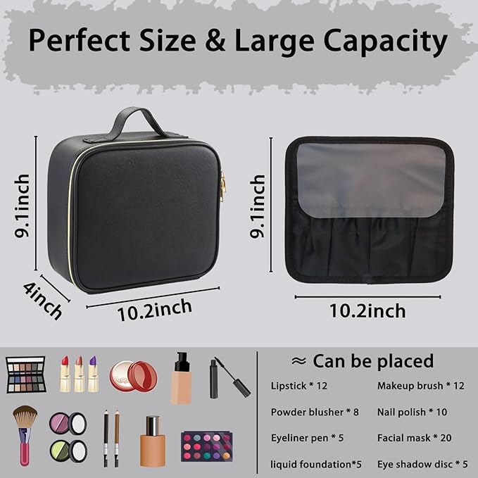 Makeup Bag with Led Mirror,Travel Makeup Organizer with 3 Color Setting, Portable Storage and Adjustable Dividers Travel Makeup Bag(Black)