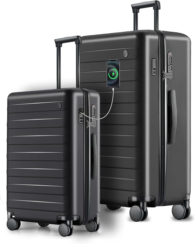 Carry on Luggage 22 X 14 X 9 Airline Approved, 20 Inch Luggage for 3-5 Days Travel, Double Spinner Wheels, 100% Hardshell PC, TSA Lock (11-Pirate Black (USB Port), Set 2PCS (20-Inch/29-Inch))