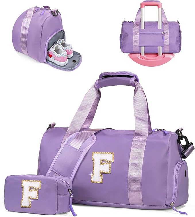 Dorm Room Essentials for Girls-Girl Gym Bag with Shoe Compartment, Kid Personalized Weekender Overnight Bags, Initial Travel Tote with Makeup Pouch, Preppy Stuff Gifts for Kids (Letter F)
