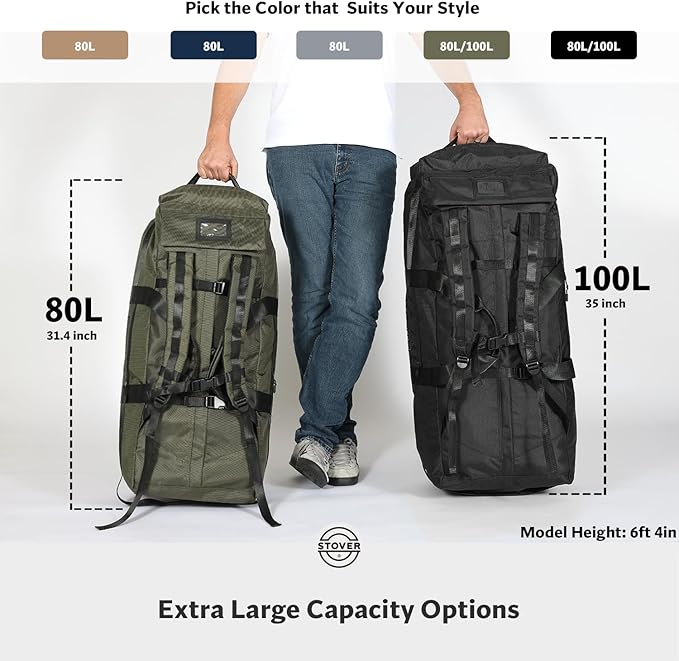 STOVER 100L Rolling Duffel Bag with Wheels, X-Large 35 Inch Durable Travel Duffle + Toiletry Bag, Heavy Duty, Packable w/Shoulder Straps- Use as Luggage or Backpack, Men/Women (Green)