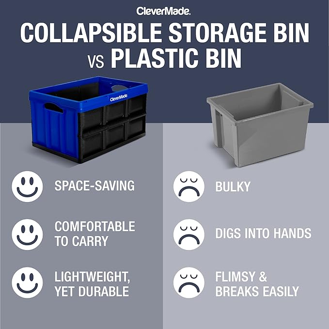 CleverMade Collapsible Storage Bins - Tan 3 Pack 46L - Stackable Containers Heavy Duty Capacity Folding Crates - Space-Saving for Home