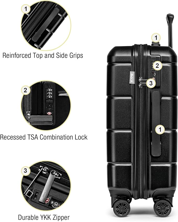 KYME Luggage Sets 3 Piece Hardshell 22in/26in/30in Suitcases with Spinner Wheels Hardside Suitcase Sets with TSA Lock Travel Rolling Luggage Set for Women Men Black