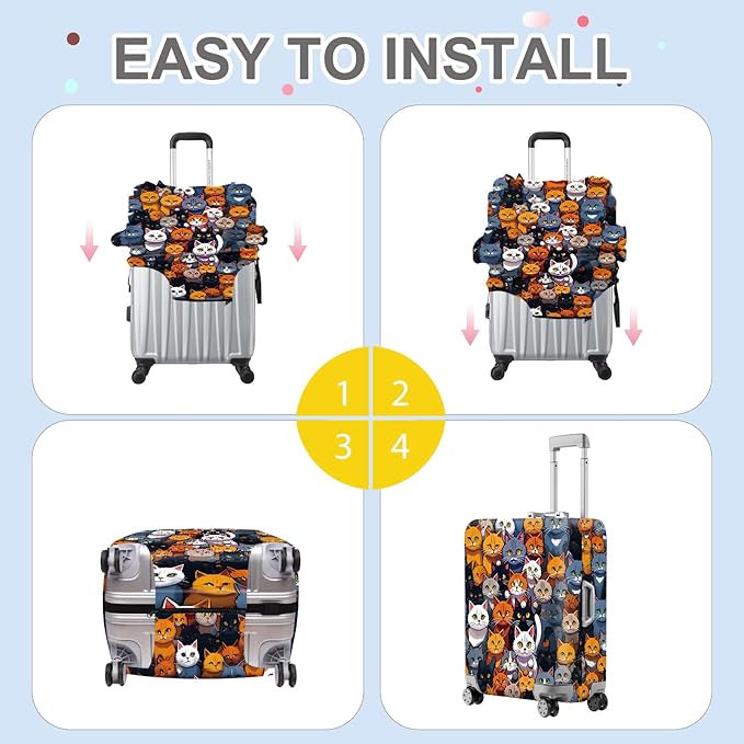 ANNA QUEEN Colorful Cat Luggage Cover, Fun Cat Design with Multiple Cats, Stretchable, Washable Travel Sleeve for 28-30 Inch Luggage