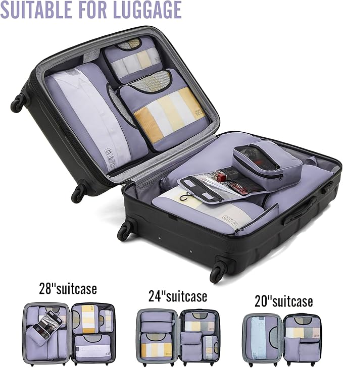 Veken 8 Set Packing Cubes for Travel Essentials, Suitcase Organizer Bags in 4 Sizes, Carry-On Luggage Accessories with Large Laundry & Hanging Toiletry Bag, Must-Have for Airplane, Road Trip & Camping