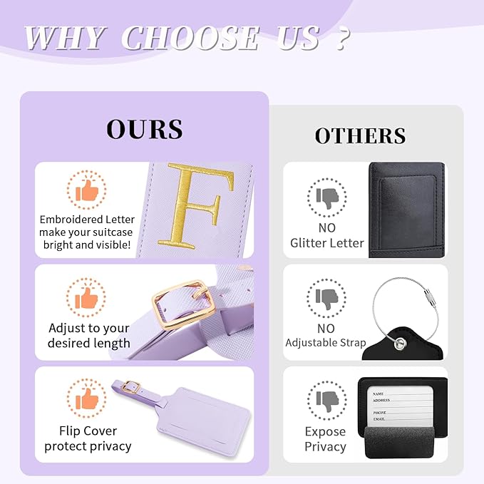 Personalized Initial Luggage Tags for Suitcase, Purple Leather Cute Luggage Tags with Privacy Cover Name Card, Embroidered Custom Monogrammed Luggage Tag Travel Backpack Tags Gifts for Women Kids(F)