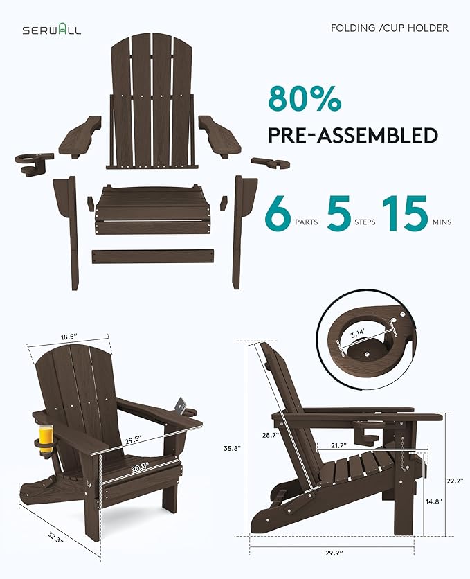 SERWALL Adirondack Chair with Cup Holders - Composite Adirondack Chairs Set of 8 HDPE Outdoor Chairs All Weather Use- Coffee
