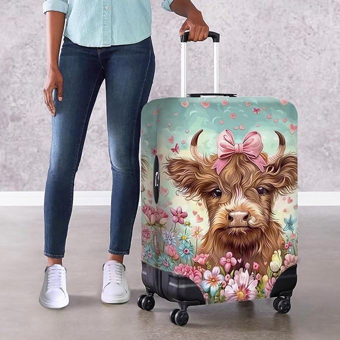 Highland Cow Suitcase Cover Flower Suitcase Protector Fits 22-25 Inch Luggage(Size M) Anti-Scratch Washable Spandex Luggage Cover Stretchable Suitcase Covers with Zipper