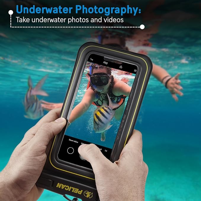 Pelican Marine - IP68 Waterproof Phone Pouch (Regular Size) Floating Waterproof Phone Case - Beach Cruise Ship Travel Essentials - Works with All Phones - Detachable Lanyard - Black/Hi-Vis Yellow