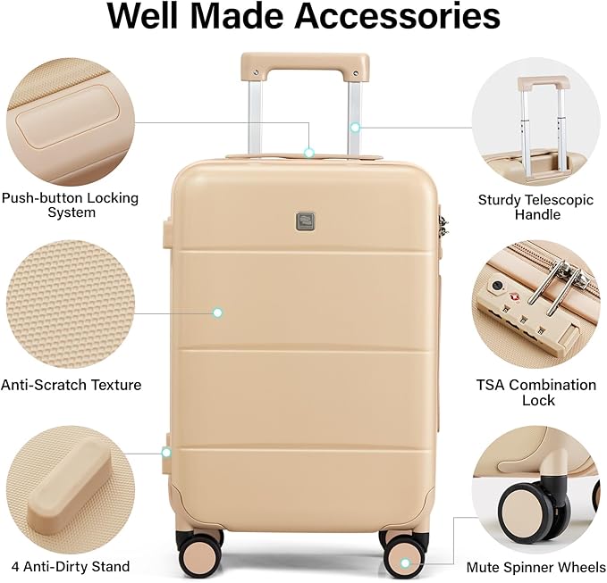 Hanke 24 Inch Checked Luggage with Spinner Wheels Hard Shell Suitcases Lightweight Travel TSA Luggage for Women Men Medium Suitcase(Cuba Sand)