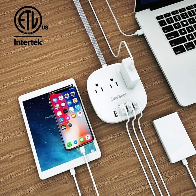 One Beat Desktop Power Strip with 3 Outlet 4 USB Ports 4.5A, Flat Plug and 5 ft Long Braided Extension Cords for Cruise Ship Travel Home Office, ETL Listed