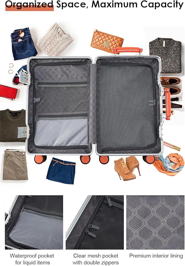 HotWay 24 Inch Hardside Checked Luggage with Leather Handle, PC Zipperless Suitcase with Spinner Wheels and TSA Locks, Lightweight Checked Luggage for Travel, Grey