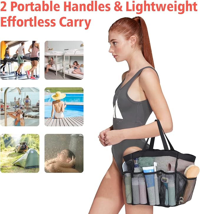 F-color Mesh Shower Caddy Portable - 2 Handles Upgrade Deeper 7 Pockets Basket Bag Tote for College Dorm Room Toiletry Bathroom Essentials Gym Camp Quick Dry with S Hook, 2 Pack, Black & Mint Green