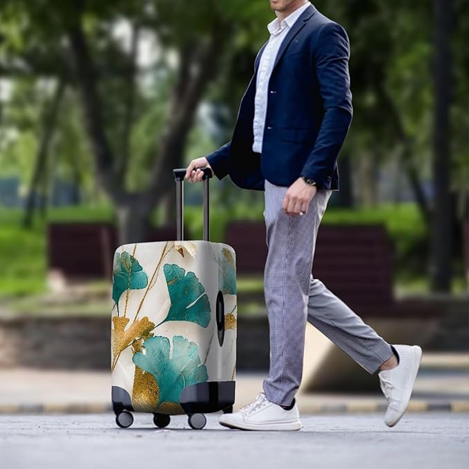 Gold Ginkgo Biloba Leaf Travel Luggage Cover Elastic Baggage Protector for Women Girls,Fits 22-25 Inch Washable Suitcase Covers