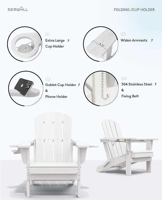 SERWALL Adirondack Chair with Cup Holders - Composite Adirondack Chairs Set of 2 HDPE Outdoor Chairs All Weather Use- White