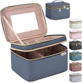 Large Makeup Bag with Mirror Double Layer Travel Make Up Organizer Case, Large Capacity Coemetic with Brush Slot Divider, Travel Toiletry Bag for Women (Aegean Blue)