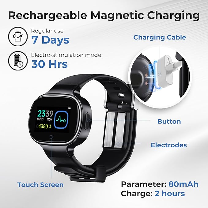 EmeTerm Smart FDA-Cleared Anti-Nausea Wristwatch Touchscreen IP67 Waterproof Morning Motion Sickness Relief Rechargeable Fast Acting Drug Free