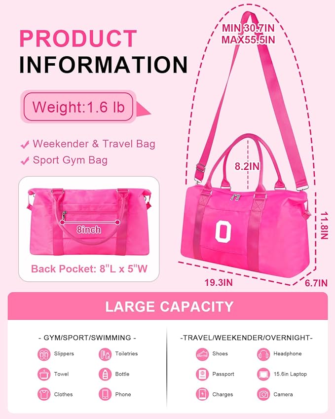 Overnight Bag for Kids Teen Girls Weekender Dance Bag Birthday Graduation Gifts,Initial Travel Duffel Bag Sports Gym Bag Personalized Weekender Bag Carry On Bags Preppy Gifts for Women(Hot Pink, O)