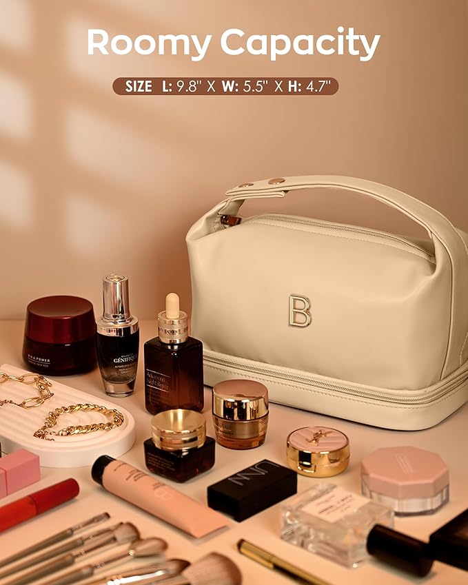 Gifts for Friends Female Mom, Letter Makeup Bag, Personalized Double Layer Cosmetic Bag with Makeup Brush Organizer, Waterproof, Large Capacity PU Leather Travel Toiletry Bag, Gift for Wife