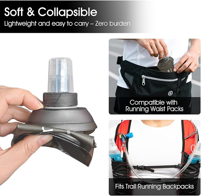 GYGYL Soft Flask, TPU Collapsible Soft Water Bottle for Hydration Pack, Running Vest, Leak-Proof Folding Water Bottle for Hiking Cycling Climbing Jogging-150ml Grey