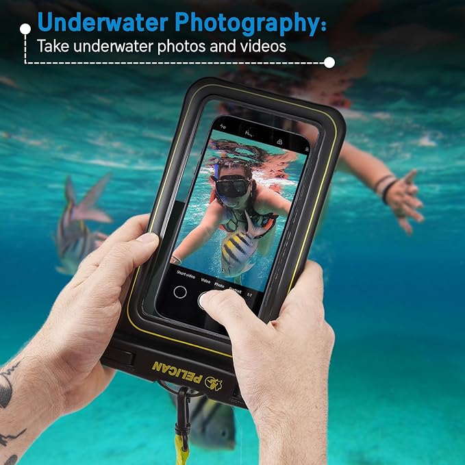 Pelican 2 Pack Marine - IP68 Waterproof Phone Pouch (XL Size) Floating Waterproof Phone Case - Beach Cruise Ship Travel Essentials - Works with All Phones - Detachable Lanyard - Black/Hi-Vis Yellow