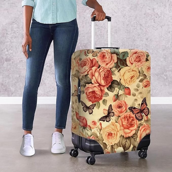 Pink Butterfly Suitcase Covers for Luggage Universal Fit 22-25 Inch Luggage Covers with Zipper for Women & Girl Elastic Spandex Baggage Case Rose Luggage Cover(Flower)