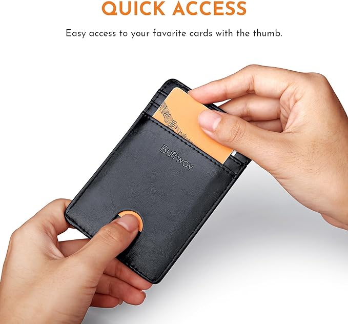 Buffway Mens Slim Wallet, Minimalist Thin Front Pocket Leather Credit Card Holder with RFID Blocking for Work Travel