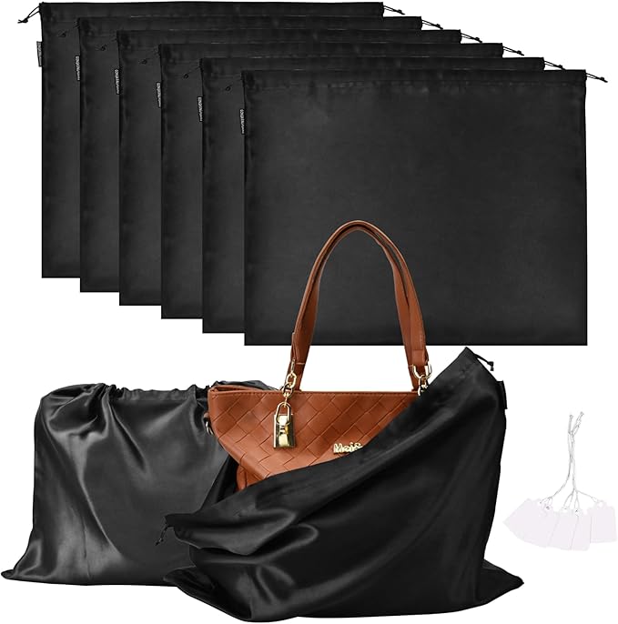 6 Pack Dust Bags for Handbags Silk Dust Cover Bag for Handbags Purses Shoes Boots, Silk Dustproof Drawstring Bag Travel Storage Pouch (Black, 23.6 × 19.6 in)