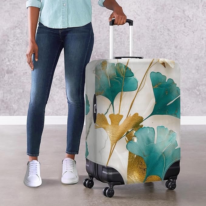 Gold Ginkgo Biloba Leaf Travel Luggage Cover Elastic Baggage Protector for Women Girls,Fits 18-21 Inch Washable Suitcase Covers