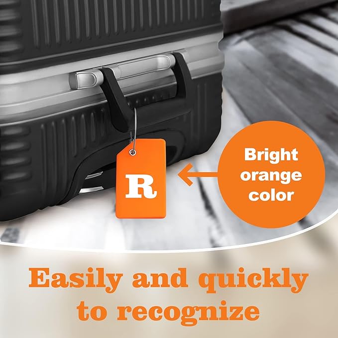8 Pcs Luggage Tags for Suitcases, 26 Initial Letter Travel Luggage Baggage Identification Labels ID Tags Fully Bendable Tags with Stainless Steel Loop (Letter R, Orange)