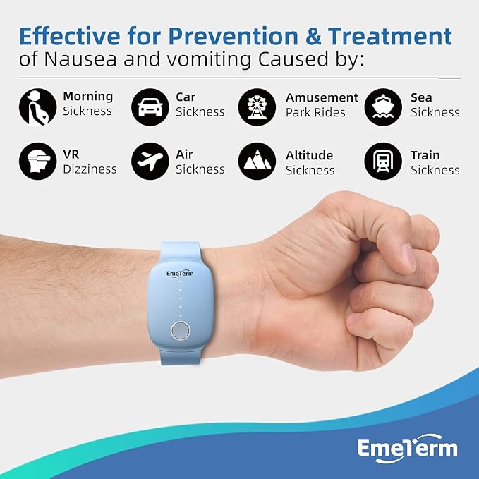 EmeTerm Fashion Anti-Nausea Wristband Relieve Morning Motion Travel Sickness Rechargeable Drug Free Bands Without Side Effects - Extra 2pack Conductive Gel (Blue - Extra 2pack Conductive Gel)