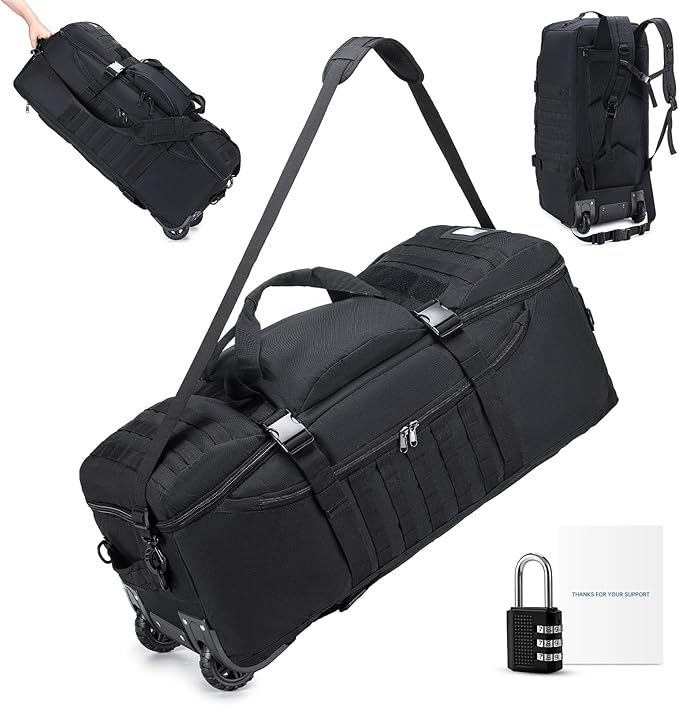 Tactical Travel Duffle Bag with Wheels and Handle 3 in 1 Large 85L XL Rolling Travelling Backpack Waterproof Oxford Carry On Hand Luggage Deployment Bags with Combination Padlock, Black