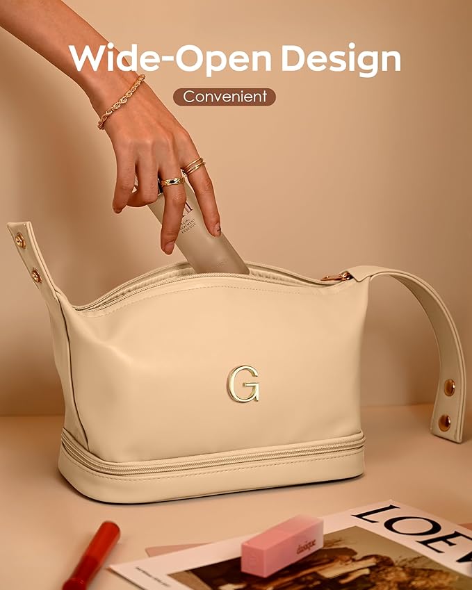 Gifts for Women, Initial Makeup Bag, Waterproof Double Layer Cosmetic Bag, Large Capacity PU Leather Makeup Bags Letter Travel Toiletry Bag with Makeup Brush Organizer