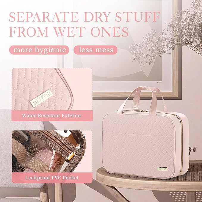 HOTOR Travel Toiletry Bag w/Hanging Hook - Spacious Toiletry Bag Essentials for Women & Men, Makeup Bag/Big Comparment, Waterproof for Travel Accessories, Medium, Pink