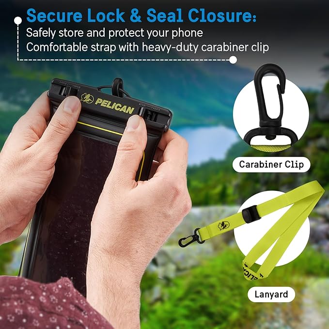 Pelican 4 Pack Marine - IP68 Waterproof Phone Pouch (Regular Size) Floating Waterproof Phone Case - Beach Cruise Ship Travel Essentials - Works w/All Phones - Detachable Lanyard - Black/Hi-Vis Yellow