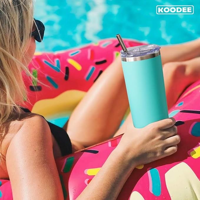 koodee 20 oz Skinny Tumbler (2 Pack) Stainless Steel Double Wall Insulated Water Tumbler Cup with Straw, Slim Travel for Women Diy Birthday Gift (Teal-Pink)