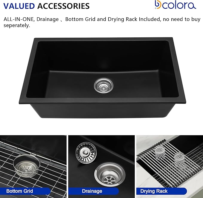 Dcolora 33 Inch Granite Composite Kitchen Sink, Black Undermount Kitchen Sinks Deep Single Bowl, 33"x19", Round Corner, DC-GU7749