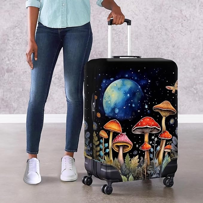 Butterfly Mushroom Print Travel Suitcase Cover Protector Elastic Zipper Closure Fit 18-21 Inch Luggage