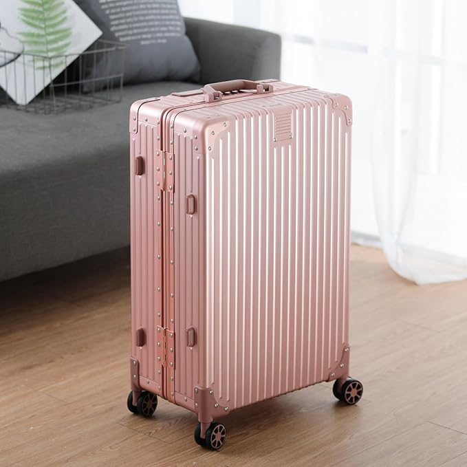 Metal All Aluminum Carry-on Luggage TSA Customs Lock Zipperless Silent Rotary Wheel Business Suitcase Aluminum Frame Set (rose gold, 2Piece(20/28))