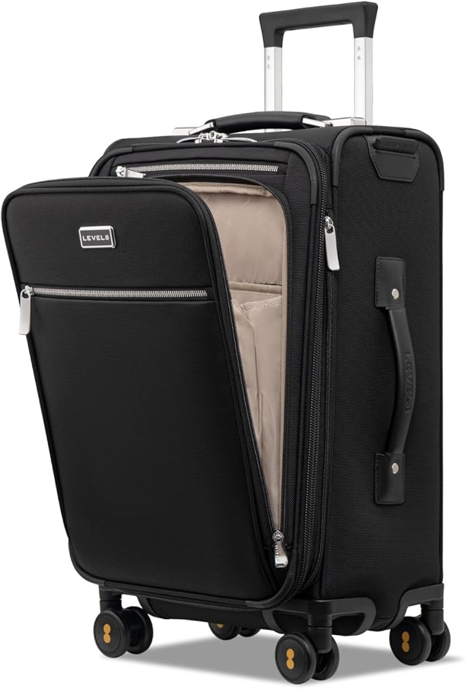 LEVEL8 Carry On Luggage with Compartment, 20 Inch Softside Expandable Travel Rolling Suitcase with Spinner Wheels, Tsa Locks, Men and Women, Black